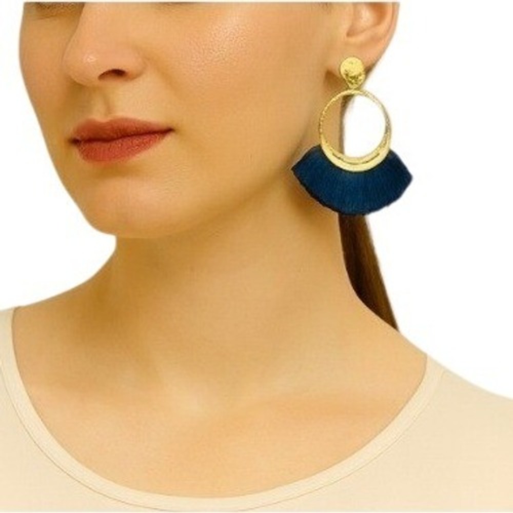 Xuaxu Jewelries Women's‎ Gold Tone Hoop Earrings With Navy Blue Tassel
